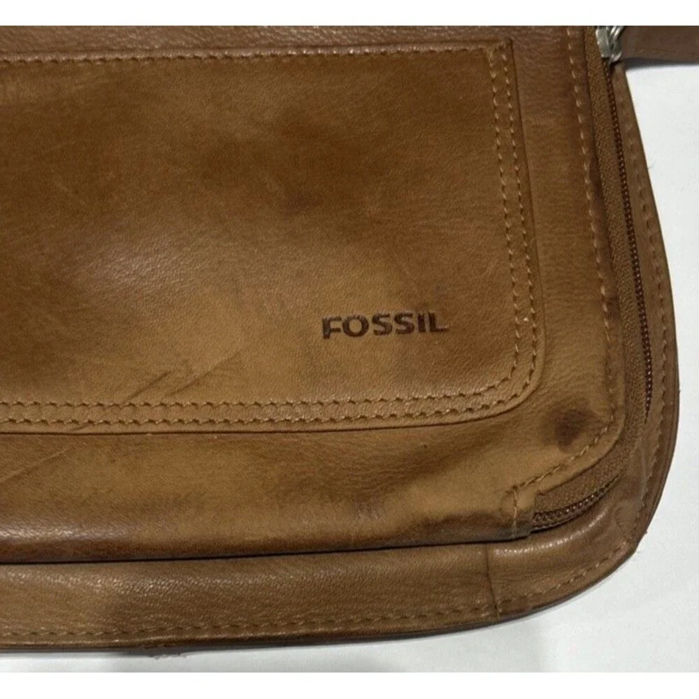 Fossil Small Leather Handbag Cognac Brown Crossbody Organizer Purse Double Zip